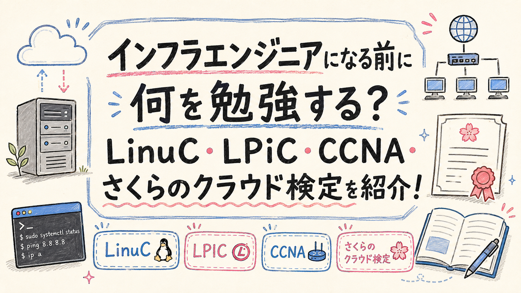 インフラエンジニアになる前に何を勉強する？LinuC・LPIC・CCNA・さくらのクラウド検定を紹介！